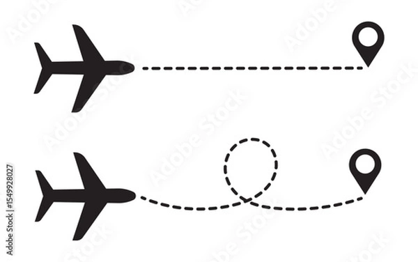 Fototapeta Airplane line paths icon set. Airplane with dotted line route. air plane flight route with start point and dash dotted line trace. race point to finish isolated on white background.