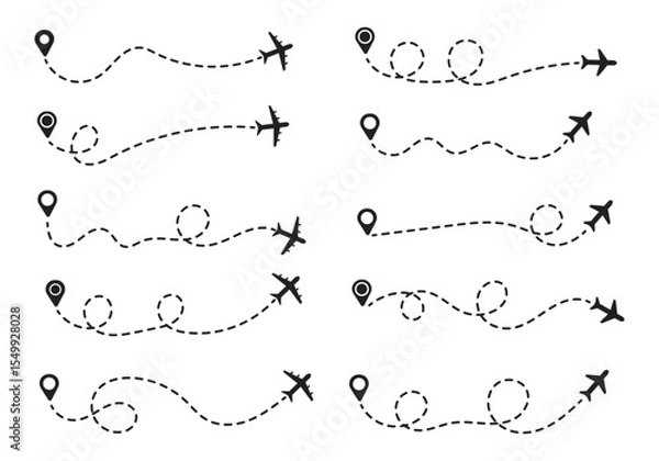 Obraz Airplane line paths icon set. Airplane with dotted line route. air plane flight route with start point and dash dotted line trace. race point to finish isolated on white background.