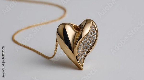 Fototapeta Elegant Gold Heart Pendant Necklace Adorned with Sparkling Diamonds on White Backdrop