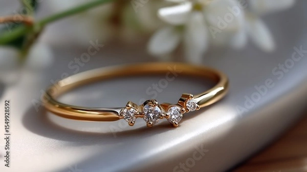 Fototapeta Elegant gold ring adorned with sparkling diamonds, set against a floral background