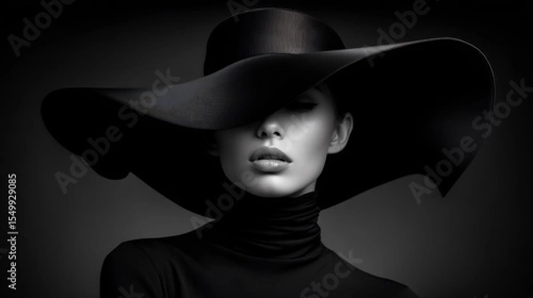 Fototapeta Elegant woman in black hat posing in the studio in black and white theme