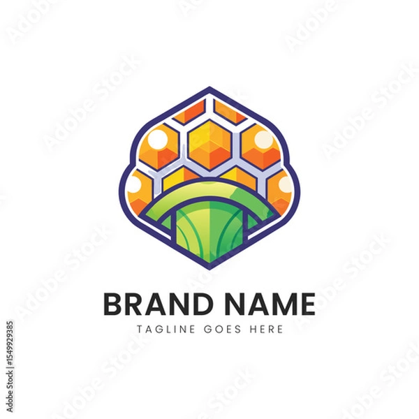 Obraz A vibrant and modern logo design featuring hexagonal patterns and a stylized shell, showcasing a blend of orange, yellow, and green colors for a fresh brand identity.