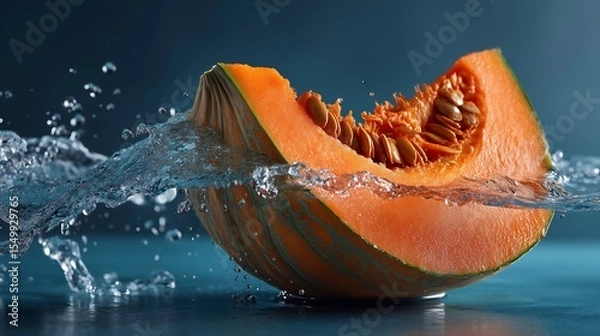 Fototapeta Fresh cantaloupe slice with water splash showcases vibrant colors and freshness