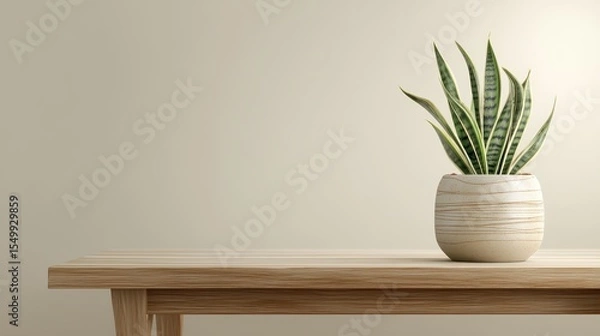 Fototapeta Interior mockup of a snake plant in a ceramic pot on a minimalist office desk with blank space for text and softly blurred background