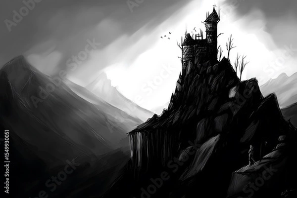 Obraz Monochrome castle perched upon mountain range
