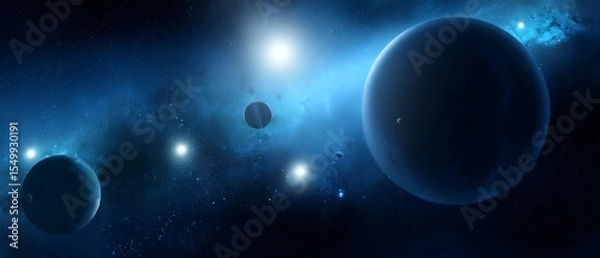 Obraz Planets in a distant blue nebula