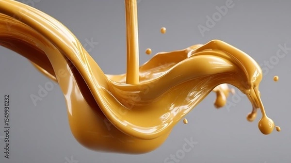 Fototapeta Golden liquid motion: A dynamic splash of smooth caramel against gray backdrop