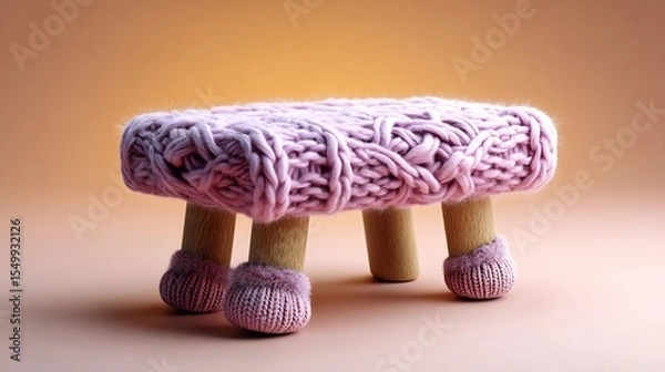 Fototapeta Handmade knitted stool with wooden legs and soft pink details on a light background
