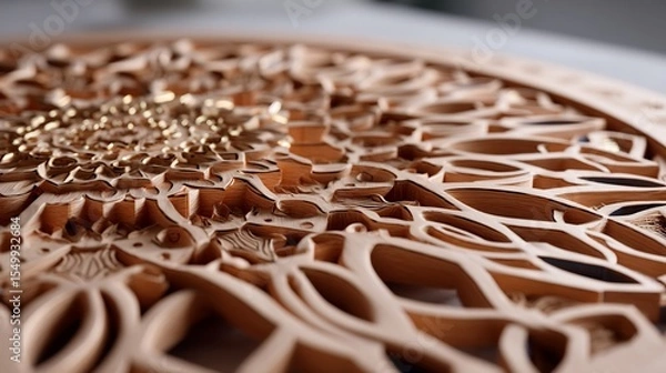 Fototapeta Intricate wooden carving with detailed pattern and golden accents surface close up