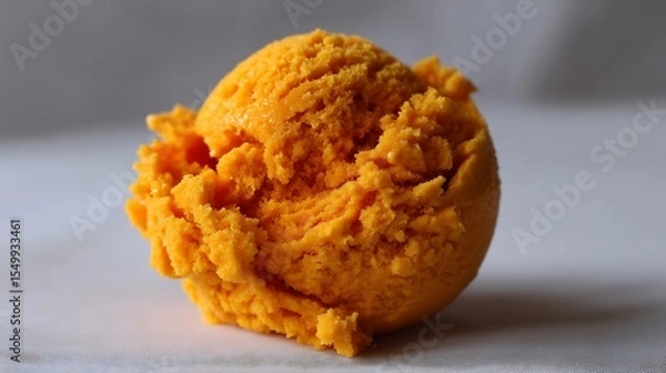 Fototapeta Macro shot of a single scoop of bright orange flavored ice cream on white background