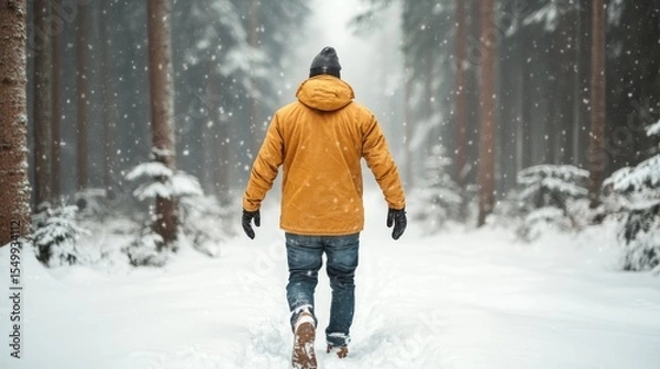 Fototapeta A person in a bright yellow jacket navigates through a serene snow-covered forest, symbolizing adventure and the beauty of winter's tranquil landscapes.