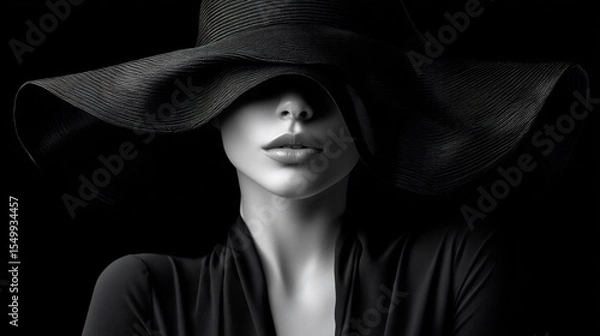 Fototapeta Mysterious elegance: A woman in shadows with a large black hat portrait
