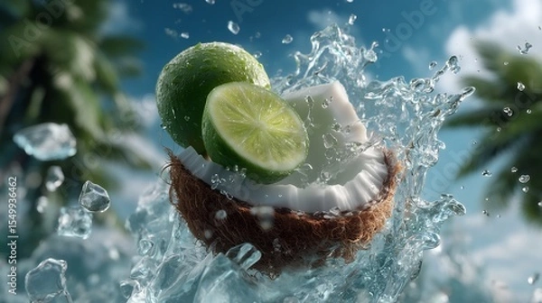 Fototapeta Refreshing tropical delight: Coconut and lime in a vibrant splash of water