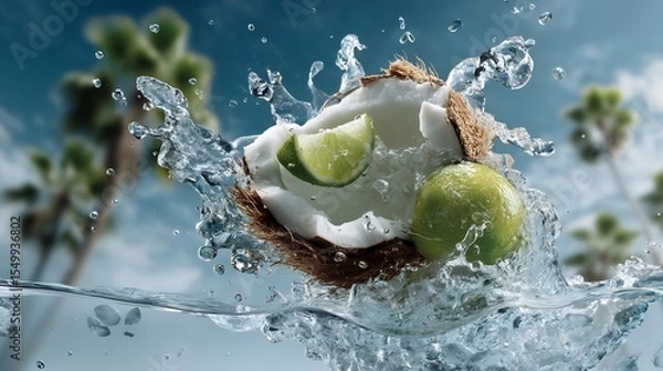 Fototapeta Refreshing tropical escape: coconut and lime immersed in splashing clear water bliss