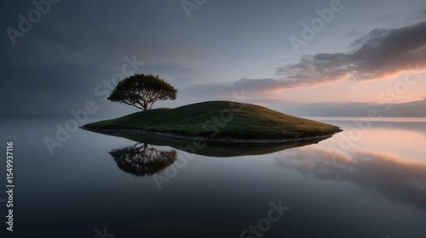 Fototapeta Serene island oasis with a lone tree reflecting in calm water at sunset