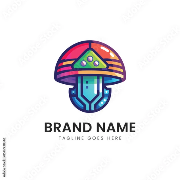 Obraz Colorful, futuristic robotic mushroom logo with vibrant hues of red, blue, and green, showcasing a blend of nature and technology in a sleek, modern design.