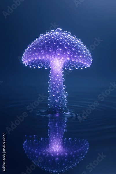 Fototapeta Glowing purple translucent mushroom covered in water droplets rising from calm surface in magical fantasy setting