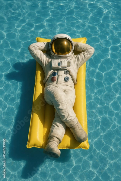 Fototapeta Astronaut in full space suit relaxing on yellow pool float in clear blue water creating surreal and humorous contrast of space and leisure
