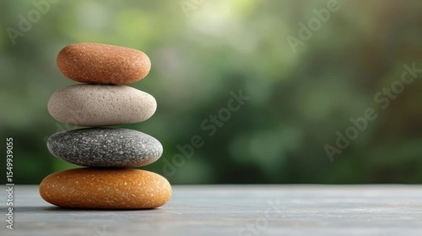 Fototapeta A serene arrangement of four stacked stones symbolizes balance and harmony, serving as a profound representation of inner peace and mindfulness amid a natural background of soft greens.