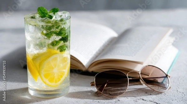 Fototapeta Refreshing lemon drink with mint and ice in a clear glass next to sunglasses and an open book on a sunlit surface – perfect summer relaxation concept