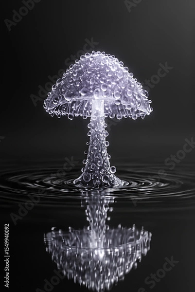 Fototapeta Surreal glass mushroom structure covered in water droplets with ripple effect on reflective surface representing fantasy nature concept and artistic fluid design