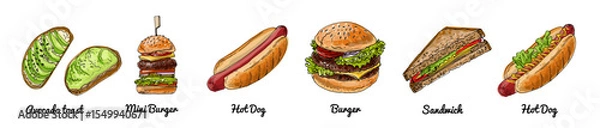 Obraz Hand Drawn Vector Fast Food Set – Burger, Hot Dog, Sandwich, Avocado Toast