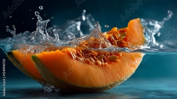 Fototapeta Vibrant cantaloupe slices plunge into refreshing water creating dynamic splashes