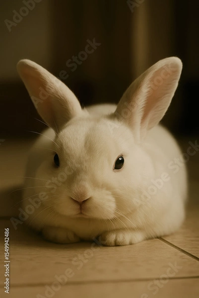 Fototapeta Cute white rabbit sitting on tiled floor indoors with soft lighting symbolizing gentleness innocence and calm domestic pet environment