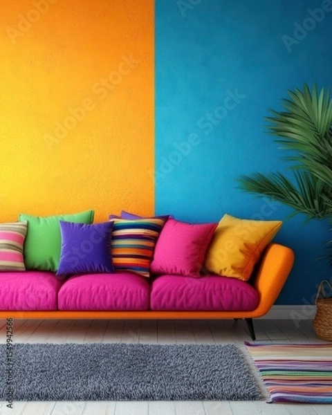 Fototapeta Vibrant Living Room Decor: A stylish fuchsia sofa adorned with colorful throw pillows sits against a bold orange and blue wall, creating a lively and energetic atmosphere.