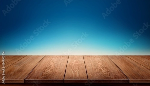 Fototapeta empty brown wooden table top over blue gradient background