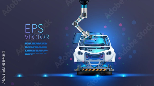 Fototapeta Automation industry. Robot arm work on car factory or manufacturing line. Robotic hand attaches windshield or glass on car. Technology industry automation production automobile. Industrie 4.0