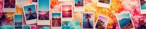 Fototapeta Randomly arranged polaroid photos forming a vibrant backdrop , retro, bright, memories