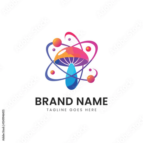 Obraz A vibrant and colorful logo featuring a stylized mushroom surrounded by atomic rings and spheres, evoking a sense of creativity and innovation.