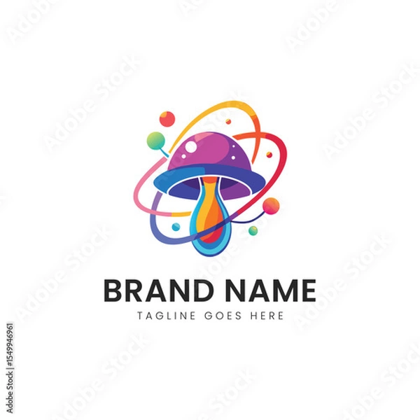 Obraz A colorful and modern logo depicting a mushroom surrounded by vibrant, swirling orbits, conveying creativity and innovation in a whimsical design.