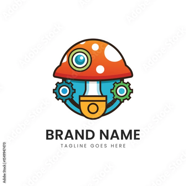 Obraz A vibrant, cartoonish robot design featuring an orange mushroom cap and gears, set against a blue background, perfect for tech or gaming themes.