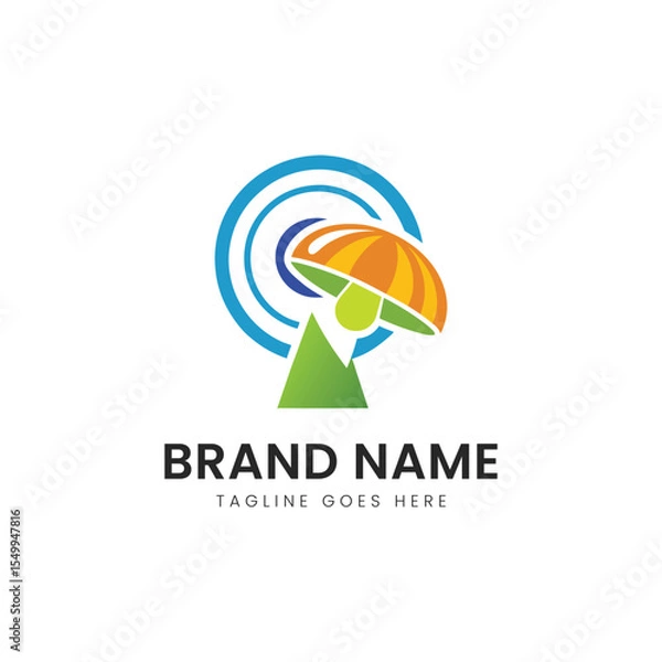 Obraz A vibrant logo featuring a colorful mushroom and mountain, symbolizing freshness and nature, with a modern swirl design representing innovation.