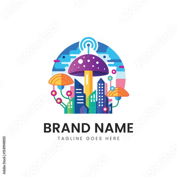Obraz A vibrant, colorful logo featuring a mushroom and city skyline with abstract shapes, conveying a sense of creativity and innovation.