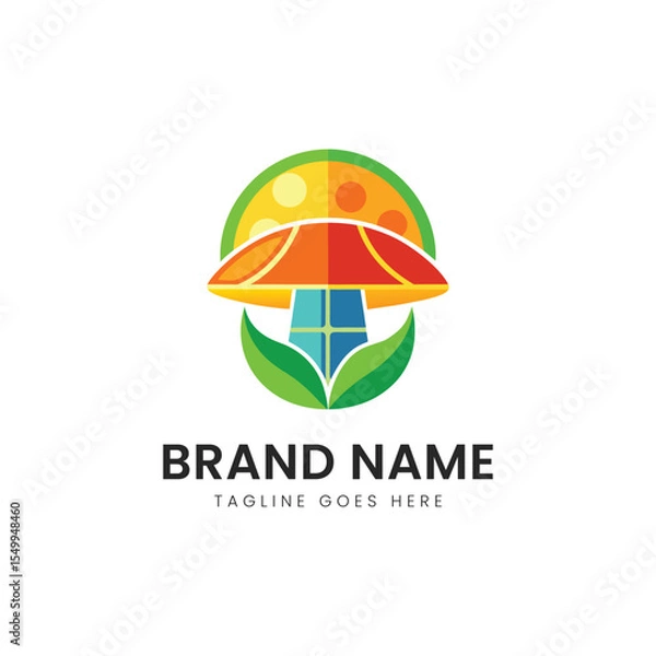 Obraz A vibrant and colorful logo featuring a stylized mushroom encapsulated by green leaves, symbolizing nature and creativity.