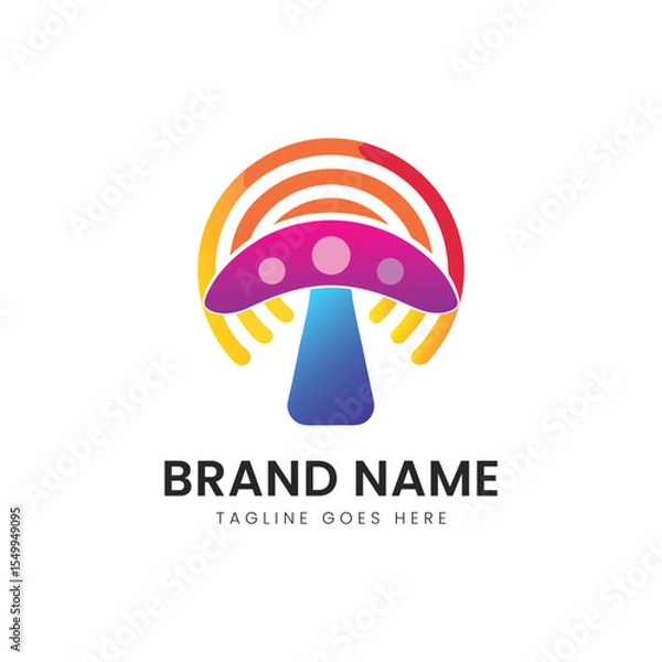 Obraz A vibrant and colorful logo featuring a stylized mushroom with radiating waves, representing creativity and innovation. Ideal for tech or eco-friendly brands.