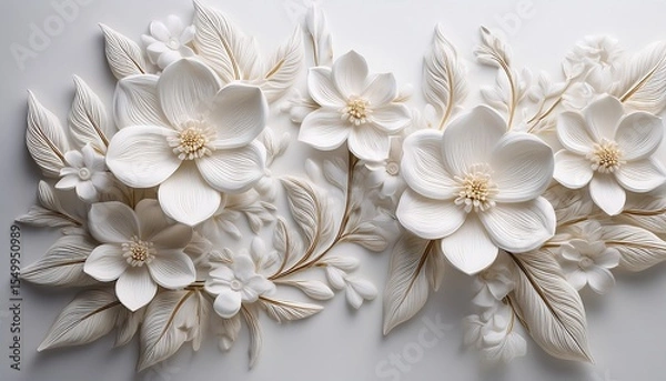 Fototapeta white decorative plaster flowers and branches creating a beautiful floral pattern on a white background