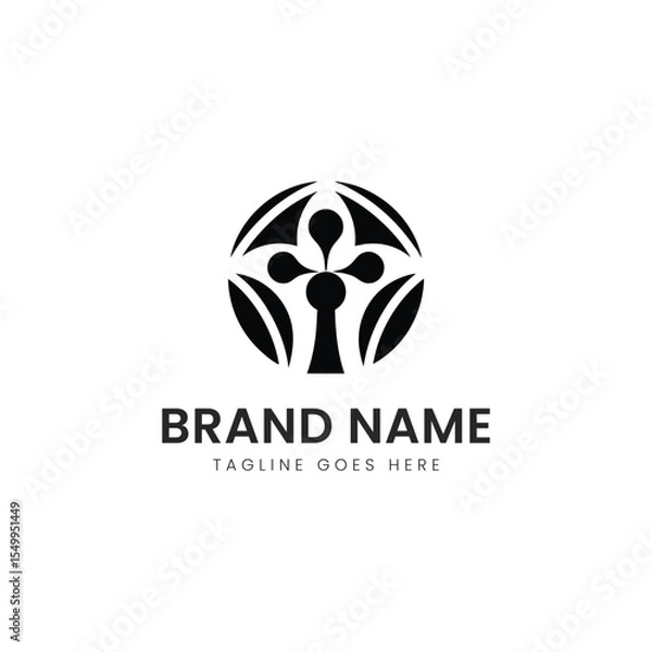Obraz A minimalistic black logo design featuring a stylized cross and circular elements, conveying a sense of unity and spirituality.
