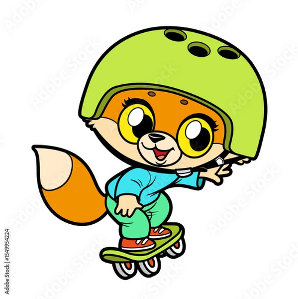 Obraz Cute cartoon fox wearing a protective helmet, riding a skateboard on white background