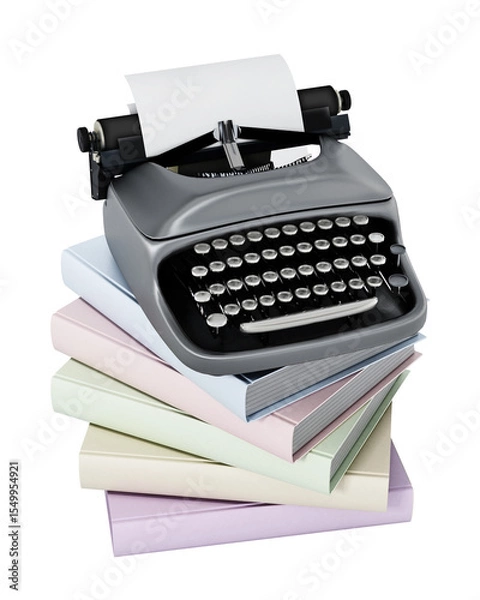 Obraz Typewriter and books stack on transparent background. 3D illustration