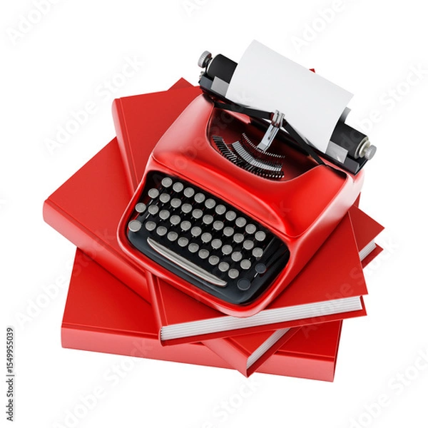Obraz Typewriter and books stack on transparent background. 3D illustration