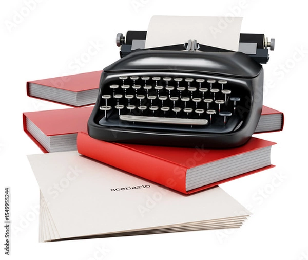 Obraz Typewriter, books and paper sheet with scenario text on transparent background.. 3D illustration
