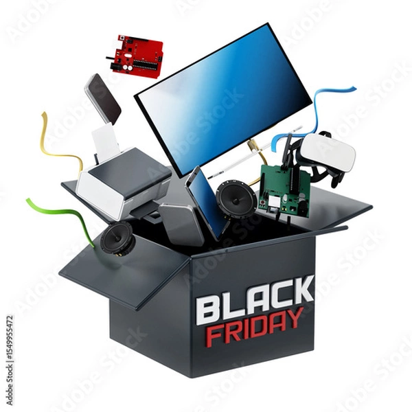 Obraz Black friday box with electronic equipment on transparent background.. 3D illustration