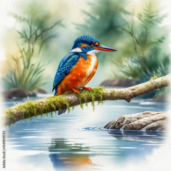 Fototapeta A vibrant watercolor illustration of a Common Kingfisher perched on a mossy branch over a crystal-clear stream. Its iridescent blue and orange feathers shimmer in the soft sunlight, with delicate refl