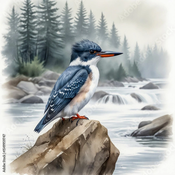 Fototapeta A detailed watercolor of a Belted Kingfisher perched on a rocky outcrop near a rushing river. The bird’s blue-gray plumage and white chest stand out against the misty, 