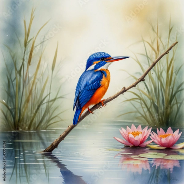 Fototapeta A charming watercolor of an Azure Kingfisher perched on a slender branch over a tranquil pond, its brilliant blue and orange feathers glowing against a soft-focus background of reeds and water lilies.