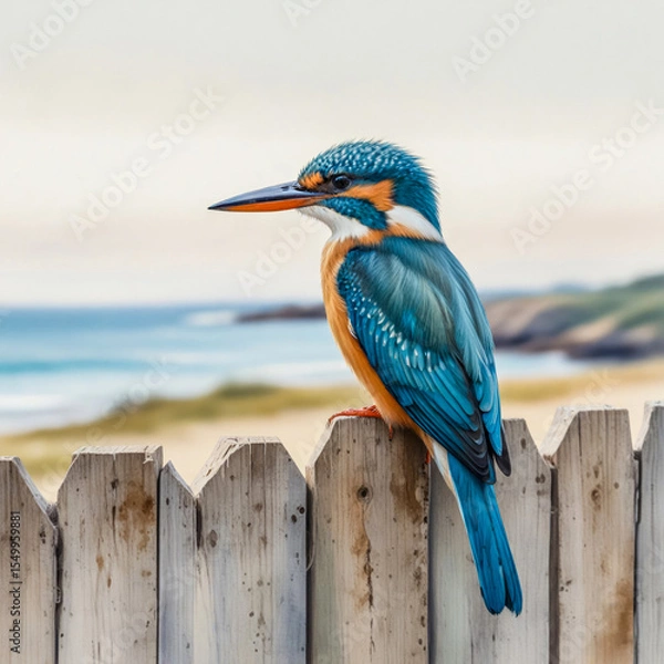 Fototapeta A serene watercolor of a Sacred Kingfisher perched on a weathered wooden fence, overlooking an open coastal landscape.